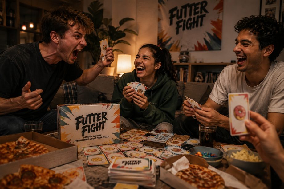 Freunde lachen und streiten beim Spielen von Futter Fight